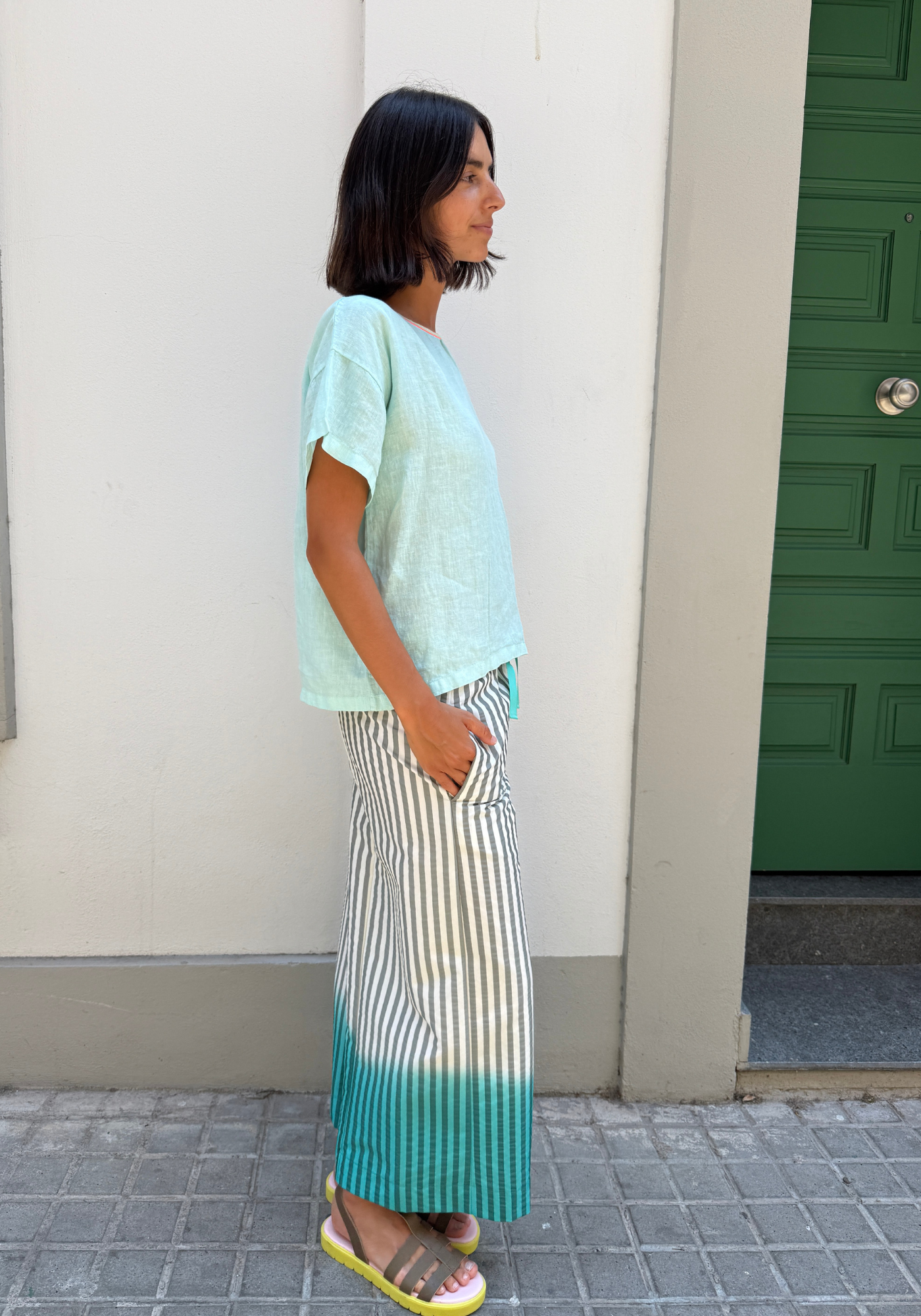 Blusa Flake in Lino Acqua