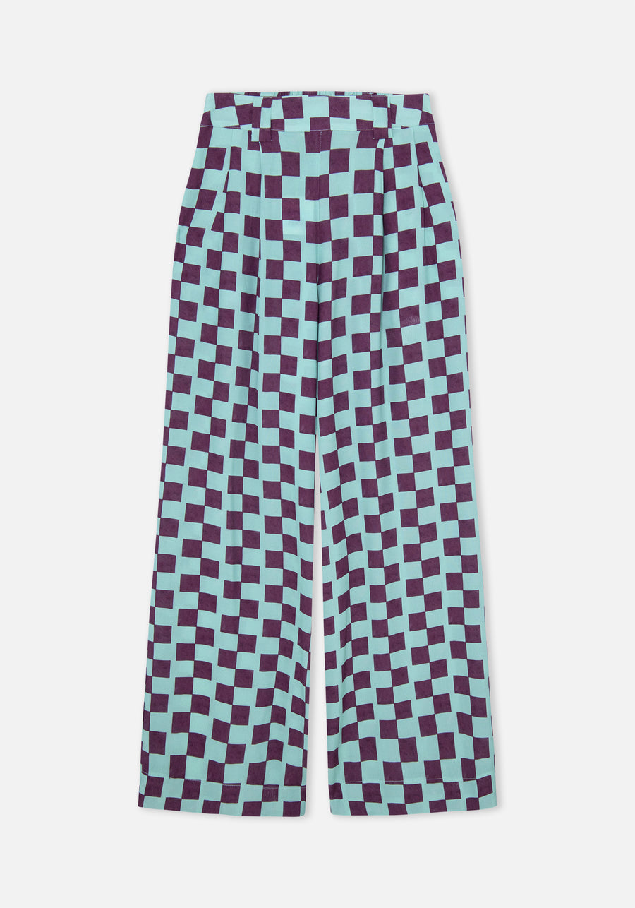 Pantalón Estampado Ajedrez Turquesa