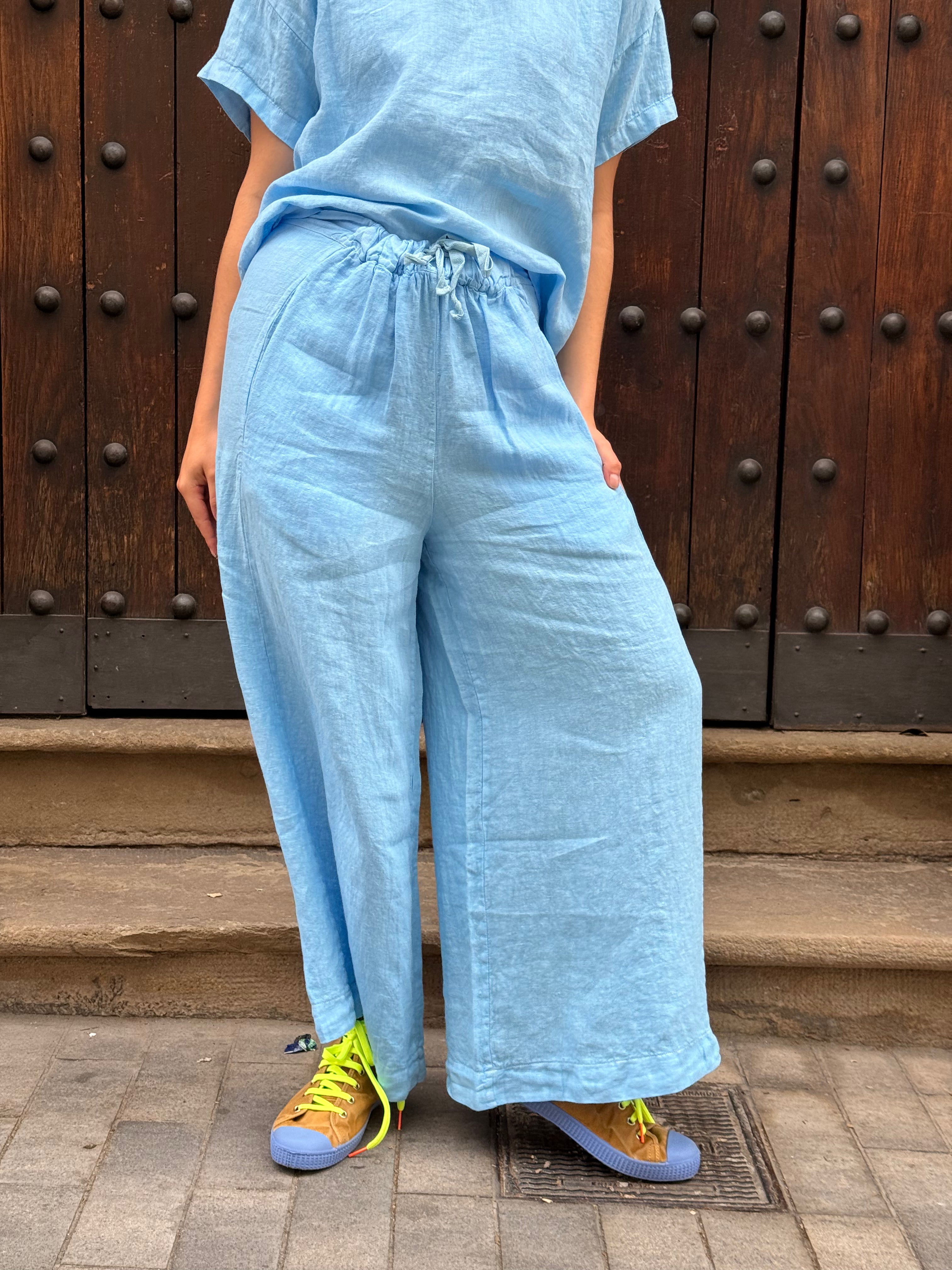 Pantalone Bomba in lino Cielo