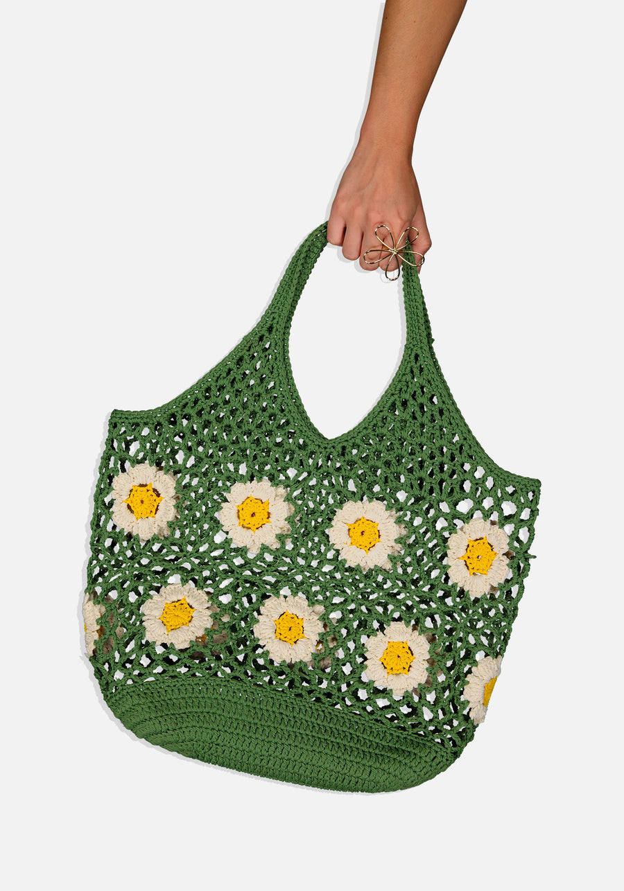 Green Daisy Crochet Bag